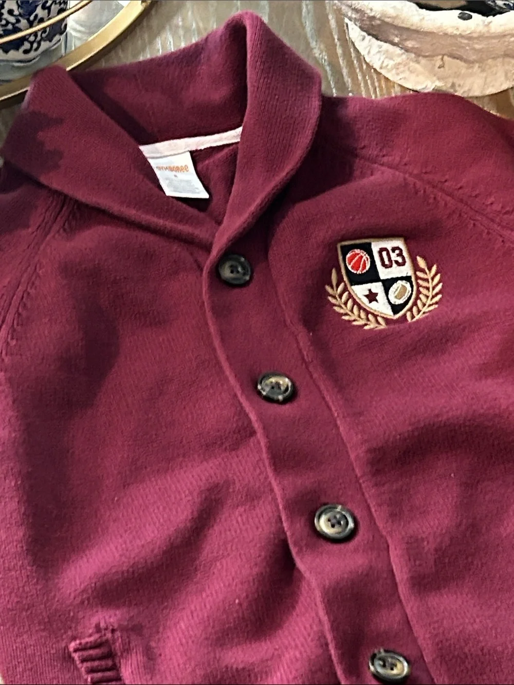 Gymboree Burgundy Button Up Cardigan Sweater Varsity Football Basketball Crest